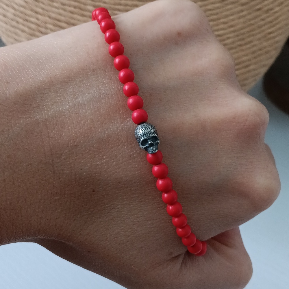 David Yurman Red Coral Skull Sterling Silver 4mm Beaded Bracelet